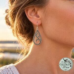 925 Sterling Silver Marcasite-Style Swirl Teardrop Dangle Earrings 2"
